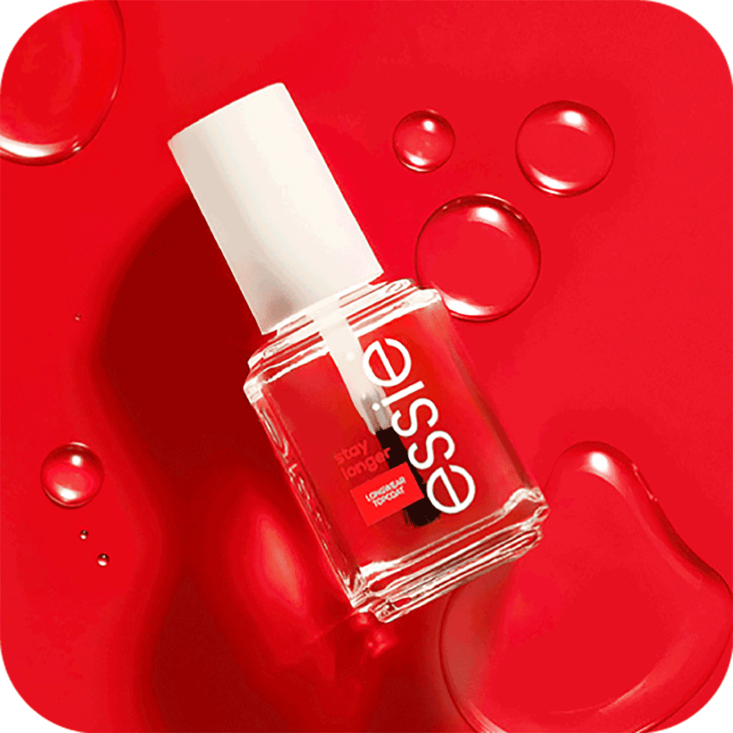 Essie Stay Longer shiny longwear top coat against a red background