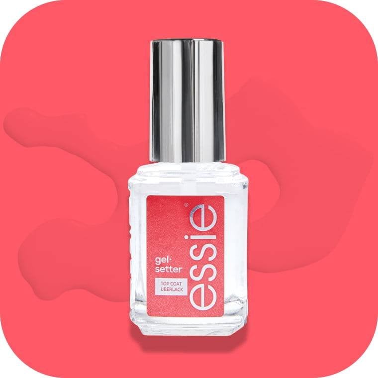 Essie Gel Setter gel-like top coat against a coral pink background