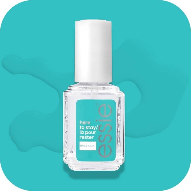 Essie Here to Stay stain-proof base coat against a turquoise background