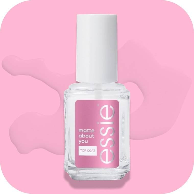 Essie Matte About You matte top coat against a light pink background
