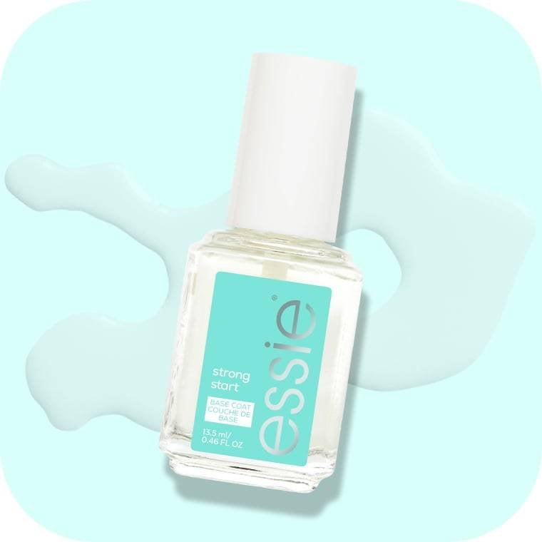 Essie Strong Start strengthening base coat against a light blue background