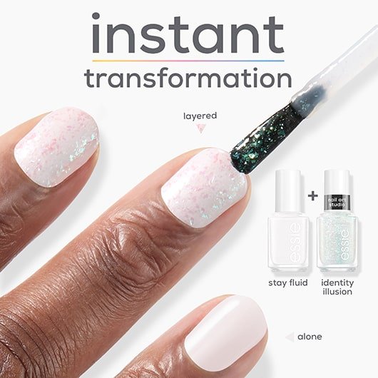 text reading "instant transformation" and white nails being painted with identity illusion polish